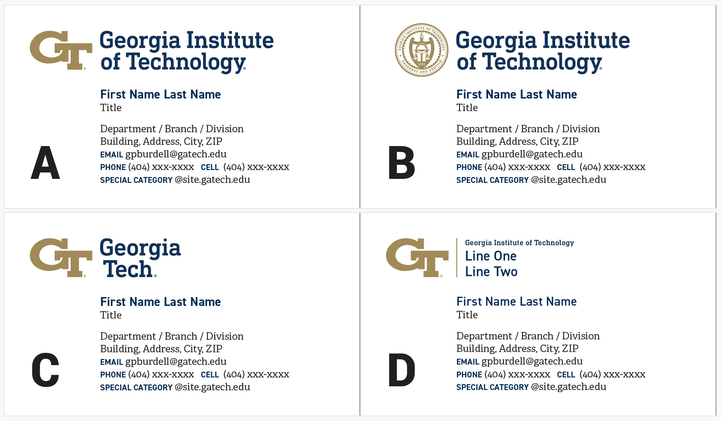 Images of options for Georgia Tech business cards.