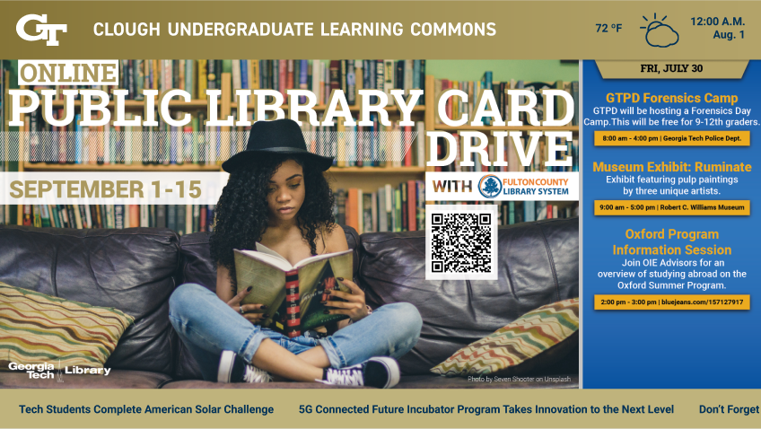 Example of a horizontal digital sign with advertising for the Fulton County Public Library card drive the most prominent.